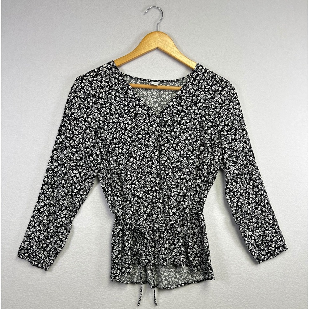 Old Navy Black Floral Print Peplum Blouse Womens Size XS Tie Waist Long Sleeve